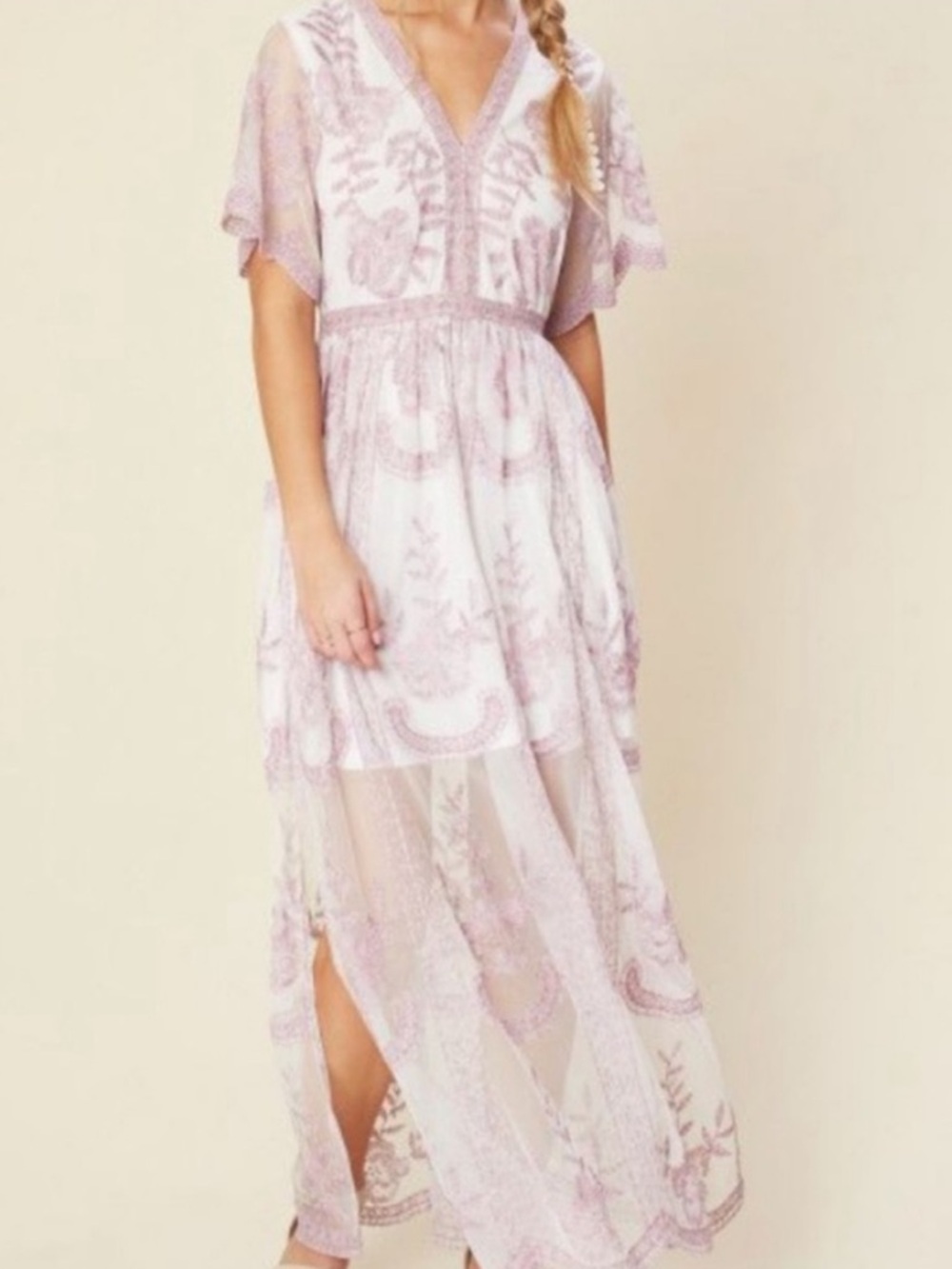 Altar'd State White and Light Pink Floral Lace Maxi Dress